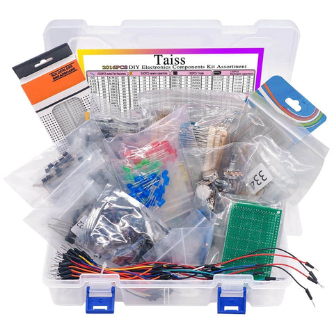 2016-Piece Electronics Component Kit Assortment with resistors, capacitors, LEDs, and jumper wires in a clear storage box