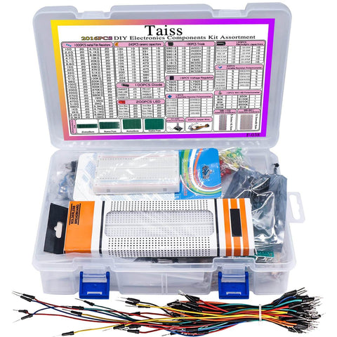 2016-Piece Electronics Component Kit Assortment for DIY Hands On Prototyping with resistors, capacitors, and more in storage box.