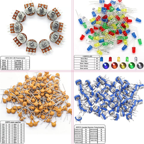 2016-Piece Electronics Component Kit Assortment with resistors, LEDs, potentiometers, and capacitors for DIY prototyping.