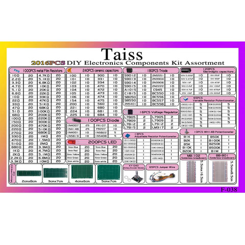 2016-Piece Electronics Component Kit Assortment chart showing resistors, capacitors, diodes, LEDs, ICs, for DIY prototyping.