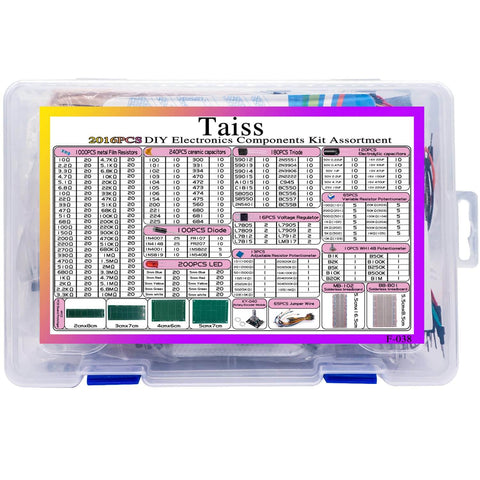 Transparent box containing a 2016-Piece Electronics Component Kit Assortment For DIY Hands On Prototyping And Learning Electronics.