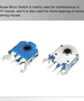 Close-up of mouse micro switch components for DIY mouse maintenance, showcasing blue and silver design, ideal for gaming mouse mods.