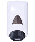 Manual hand soap/sanitizer dispenser by Sam, white plastic with front clear window