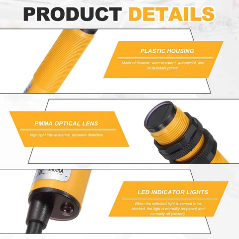 Diffuse Reflection Photoelectric Sensor with plastic housing, PMMA optical lens, and LED indicator lights for industrial automation.
