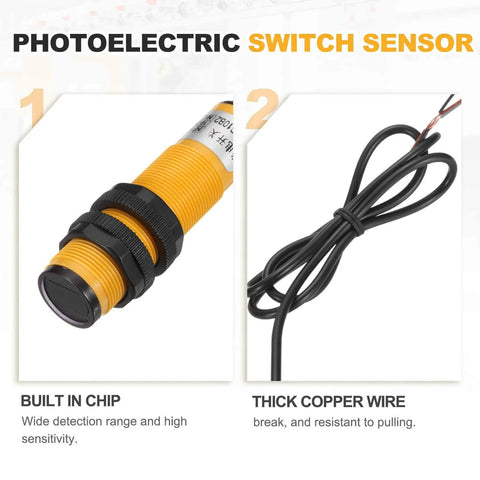 Diffuse Reflection Photoelectric Sensor With 10 Cm Range M18 Size 6 To 36 V DC Power NPN NC Output 3 Wire Setup Includes Mounting Bracket