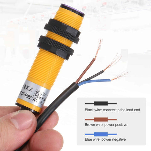 Diffuse Reflection Photoelectric Sensor With 10 Cm Range M18 Size 6 To 36 V DC Power NPN NC Output 3 Wire Setup Includes Mounting Bracket