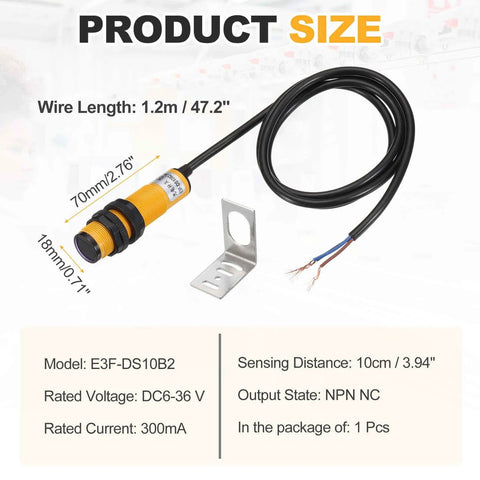 Diffuse Reflection Photoelectric Sensor With 10 Cm Range M18 Size 6 To 36 V DC Power NPN NC Output 3 Wire Setup Includes Mounting Bracket