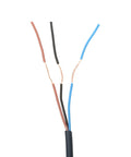 Close-up of exposed copper wires in a cable, showing black, brown, and blue wires for connection in industrial automation setup