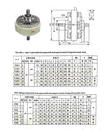 Double Shaft Magnetic Particle Clutch With Base diagram and specifications, torque range 0.6Kg to 40Kg, alloy construction