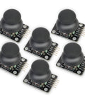 Image of six-pack dual-axis joystick modules for DIY projects, featuring analog X and Y outputs and digital Z output, compatible with Arduino, Raspberry Pi, PS2.