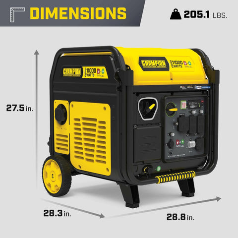 11,000 Watt Electric Start Dual Fuel Portable Inverter Generator With Quiet Technology And CO Shield dimensions shown
