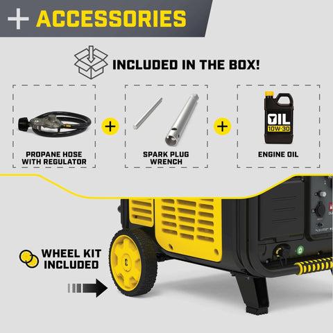 Accessories for 11,000 Watt Electric Start Dual Fuel Portable Inverter Generator included: propane hose, spark plug wrench, engine oil, wheel kit