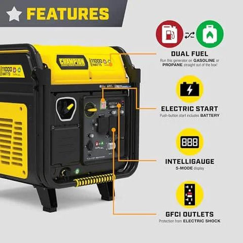 11,000 Watt Electric Start Dual Fuel Portable Inverter Generator showing features like dual fuel, electric start, and GFCI outlets.