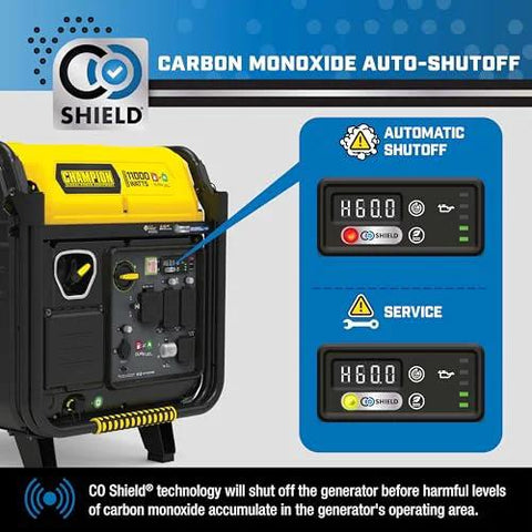 Diagram showing CO Shield feature on 11,000 Watt Electric Start Dual Fuel Portable Inverter Generator With Quiet Technology And CO Shield For Home Backup Power Run On Gas Or Propane, 9,000 Running Watts Gas And 8,100 Propane, Easy Start, Rugged Portable Design