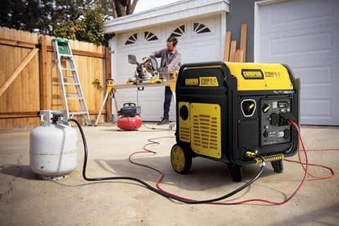11,000 Watt Electric Start Dual Fuel Portable Inverter Generator with Quiet Technology and CO Shield connected to propane tank in driveway