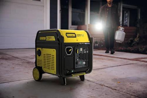 11,000 Watt Electric Start Dual Fuel Portable Inverter Generator with Quiet Technology and CO Shield on driveway