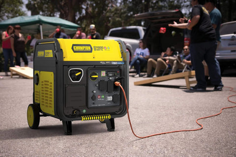 11,000 Watt Electric Start Dual Fuel Portable Inverter Generator With Quiet Technology and CO Shield in outdoor setting