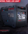 Close-up view of Dual Fuel Portable Inverter Generator With Electric Start, 7,600 Starting Watts And 6,100 Running Watts On Gas, 6,900 Running Watts On Propane, featuring control panel with LED light for RVs, tailgating, camping, home backup, EPA CARB compliant, CO sensor, telescopic handle.