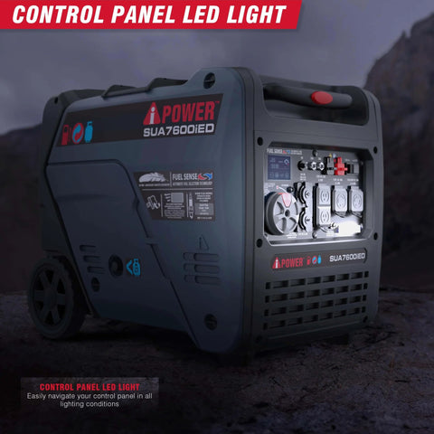 Close-up view of Dual Fuel Portable Inverter Generator With Electric Start, 7,600 Starting Watts And 6,100 Running Watts On Gas, 6,900 Running Watts On Propane, featuring control panel with LED light for RVs, tailgating, camping, home backup, EPA CARB compliant, CO sensor, telescopic handle.