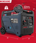 Dual Fuel Portable Inverter Generator With Electric Start, 7,600 Starting Watts dimensions and mobility kit view.