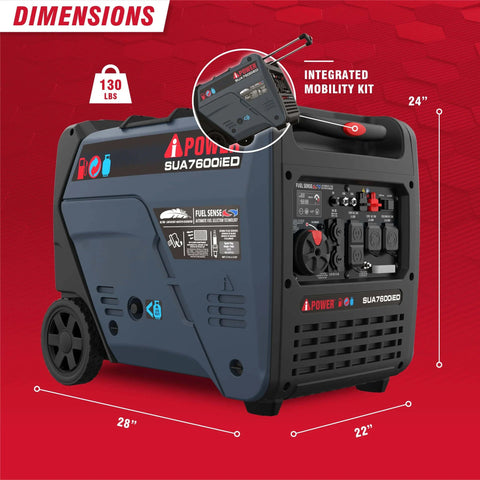 Dual Fuel Portable Inverter Generator With Electric Start, 7,600 Starting Watts dimensions and mobility kit view.