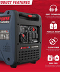 Dual Fuel Portable Inverter Generator With Electric Start, 7,600 Starting Watts, showcasing product features and side panel.