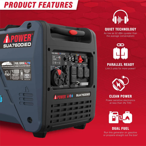 Dual Fuel Portable Inverter Generator With Electric Start, 7,600 Starting Watts, showcasing product features and side panel.
