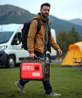 Man carrying Dual Fuel Inverter Generator With 3800 Surge Watts Gas Or 3500 Propane at campsite with RV and tent in background