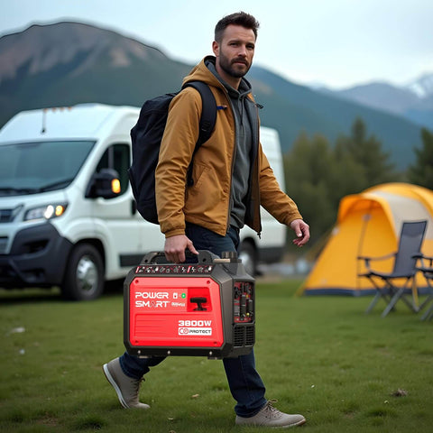 Man carrying Dual Fuel Inverter Generator With 3800 Surge Watts Gas Or 3500 Propane at campsite with RV and tent in background