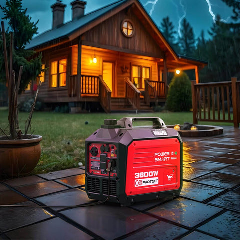 Dual Fuel Inverter Generator With 3800 Surge Watts Gas Or 3500 Propane Quiet Portable Power near house on rainy night