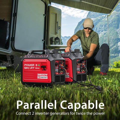 Person connecting two Dual Fuel Inverter Generator With 3800 Surge Watts Gas Or 3500 Propane Quiet Portable Power by RV