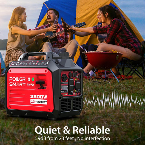People camping with Dual Fuel Inverter Generator With 3800 Surge Watts Gas Or 3500 Propane Quiet Portable Power