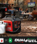Dual Fuel Inverter Generator With 3800 Surge Watts Gas Or 3500 Propane at camping tailgate, showing quiet portable power
