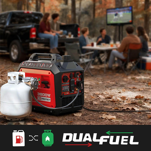 Dual Fuel Inverter Generator With 3800 Surge Watts Gas Or 3500 Propane at camping tailgate, showing quiet portable power