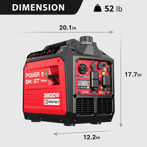 Dual Fuel Inverter Generator With 3800 Surge Watts Gas Or 3500 Propane Quiet Portable Power dimensions and front view