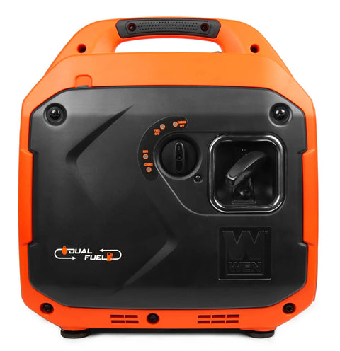 Front view of orange and black Ultra Quiet Dual Fuel Portable Inverter Generator For RV Power On The Go, 3600 Surge Watts Gas Or 3500 Surge Propane.