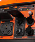 Close-up of Ultra Quiet Dual Fuel Portable Inverter Generator For RV Power On The Go with various power outlets and controls visible