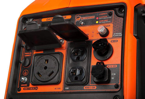 Close-up of Ultra Quiet Dual Fuel Portable Inverter Generator For RV Power On The Go with various power outlets and controls visible