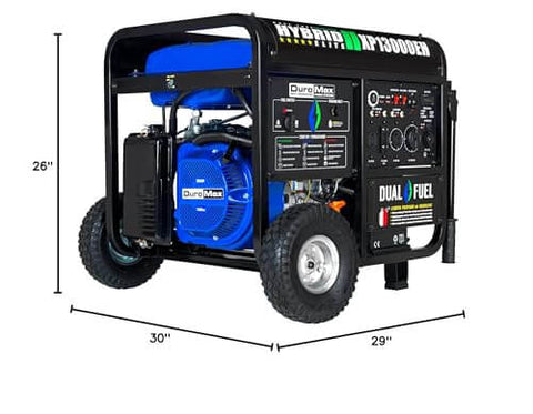 XP13000EH Dual Fuel Portable Generator With 13,000 Watts, gas or propane, electric start, shown with dimensions and metal frame