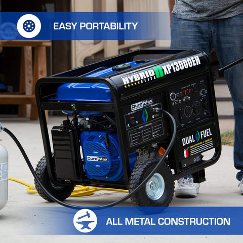 Side view of XP13000EH Dual Fuel Portable Generator with 13,000 watts, showing electric start, dual fuel capability, and transfer switch ready