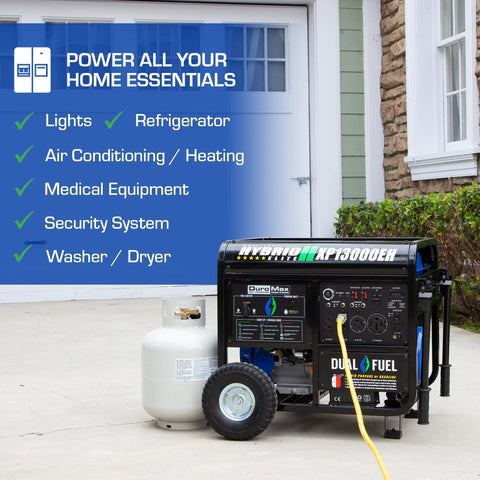 XP13000EH Dual Fuel Portable Generator with 13,000 Watts, gas or propane, electric start, shown on a driveway with a propane tank.