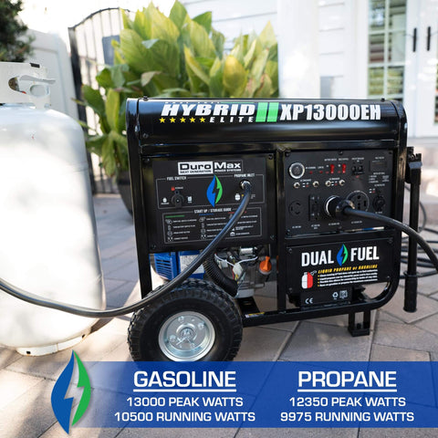 XP13000EH Dual Fuel Portable Generator with propane tank for whole home backup and RV use, featuring electric start and 13,000 watts.