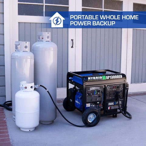 XP13000EH Dual Fuel Portable Generator With 13,000 Watts next to propane tanks, suitable for home backup and outdoor use.