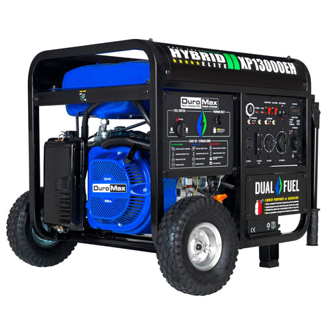 XP13000EH Dual Fuel Portable Generator with 13,000 Watts, gas or propane, electric start, black frame, side view.