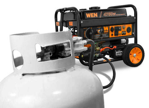 Dual Fuel Portable Generator With 4750 Surge Watts And 3800 Running Watts, 120V And 240V Output, connected to propane tank