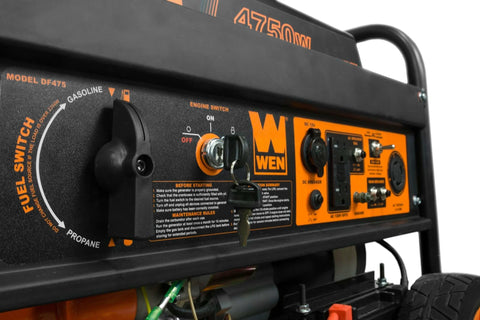 Close-up of control panel on Dual Fuel Portable Generator With 4750 Surge Watts And 3800 Running Watts, electric start and wheel kit.