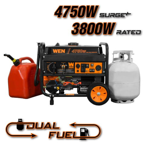 Dual Fuel Portable Generator With 4750 Surge Watts And 3800 Running Watts, 120V And 240V Output, Wheel Kit, Electric Start, Switch Between Gasoline and Propane For Flexible Power, Ideal For Home Backup And Job Site Use DF475T with gas can and propane tank