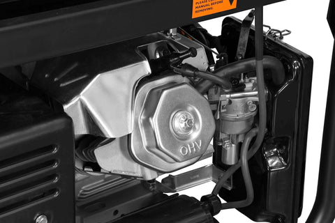 Close-up view of 457cc OHV engine in Dual Fuel Portable Generator With Electric Start And Wheel Kit, 11,000-Watt Gasoline Peak Power Or 9,500-Watt Propane Peak, 8,300 Running Gas, 7,500 Running Propane, 120V And 240V Output, Ideal Emergency Backup And Transfer Switch Power.