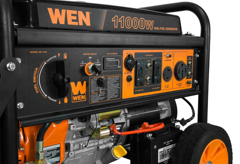 Close-up of Dual Fuel Portable Generator With Electric Start And Wheel Kit, 11,000-Watt Gasoline Peak Power Or 9,500-Watt Propane Peak