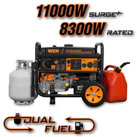 Dual Fuel Portable Generator With Electric Start And Wheel Kit, shown with propane tank and gas can, 11,000-Watt peak power.